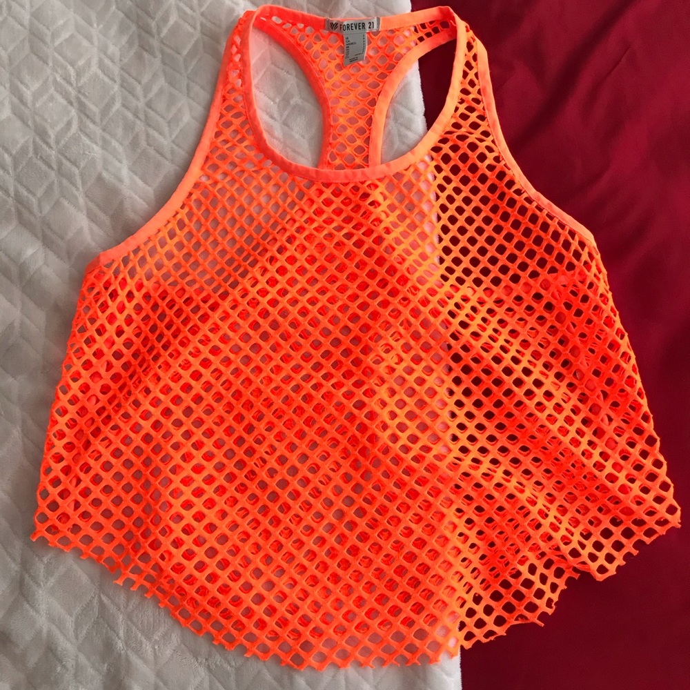 Neon orange mesh tank top